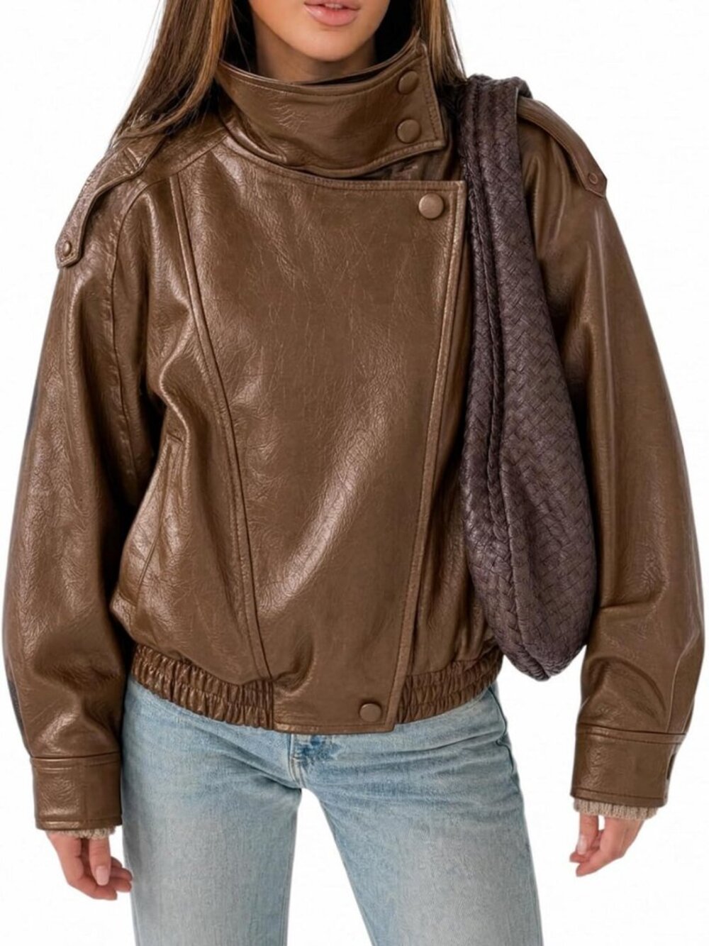 Stylish Women's Oversized Faux Leather Biker Jacket - Zip Up Moto Coat